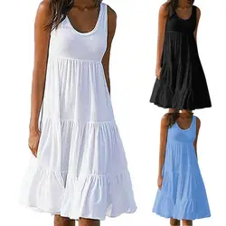 Women Casual O Neck Sleeveless Ruffles Mini Dress Boho Solid Beach Sundress Oversized Loose Dress 2023 Summer Beach Dress Robe