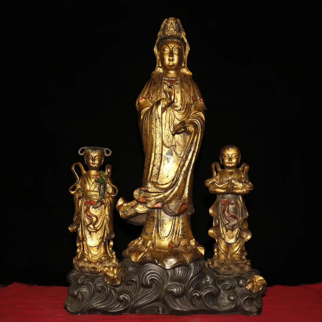 

26"Tibetan Temple Collection Old Bronze Gilt Cinnabars Children-Sending Guanyin Bodhisattva Worship Hall Town House Exorcism