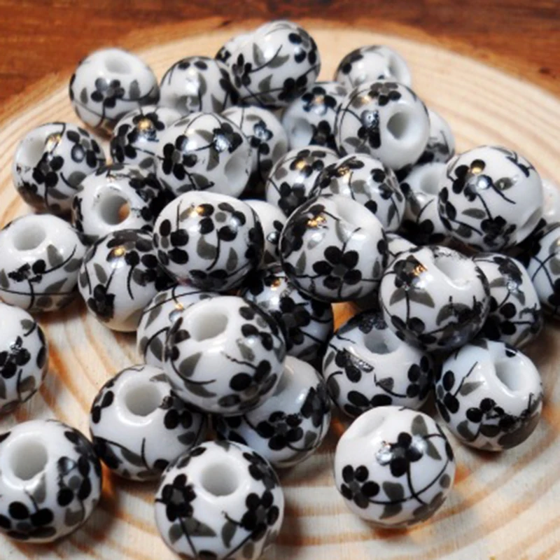 50Pcs Round Ceramic Spacer Beads 10mm Large Hole Handmade Porcelain Loose Bead Diy Jewelry Bracelets Necklace Charm Supplies