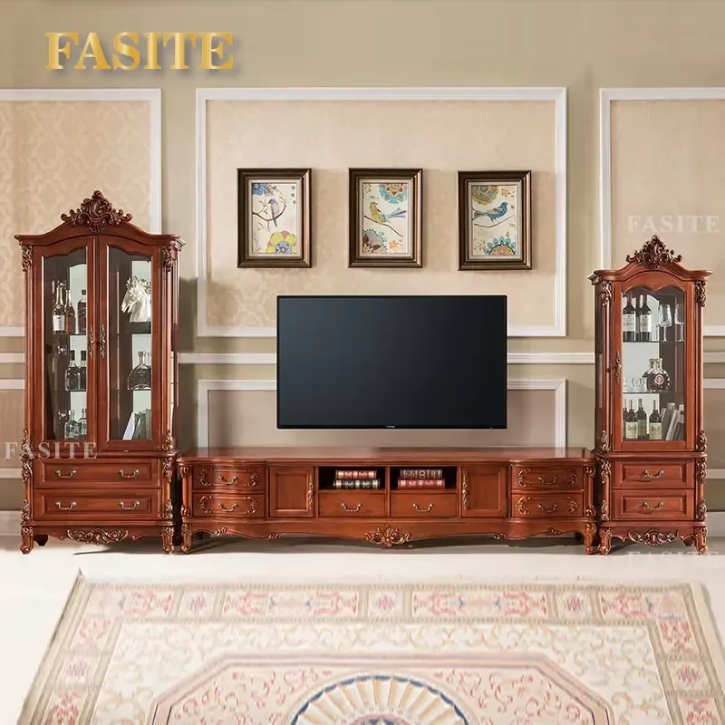 American-style Classic Solid Wood TV Cabinet, Vintage Wooden TV Stand with Drawers, Living Room Villa Furniture