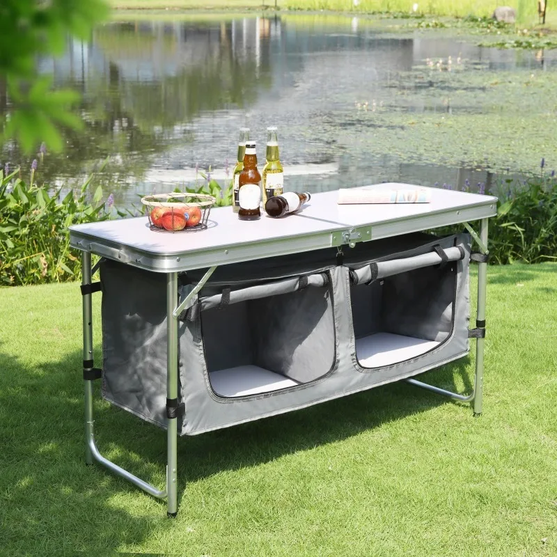 Folding Picnic Table Aluminum Suitcase Table with Storage Bag Cupboards Height-Adjustable Camping Table for Garden BBQ