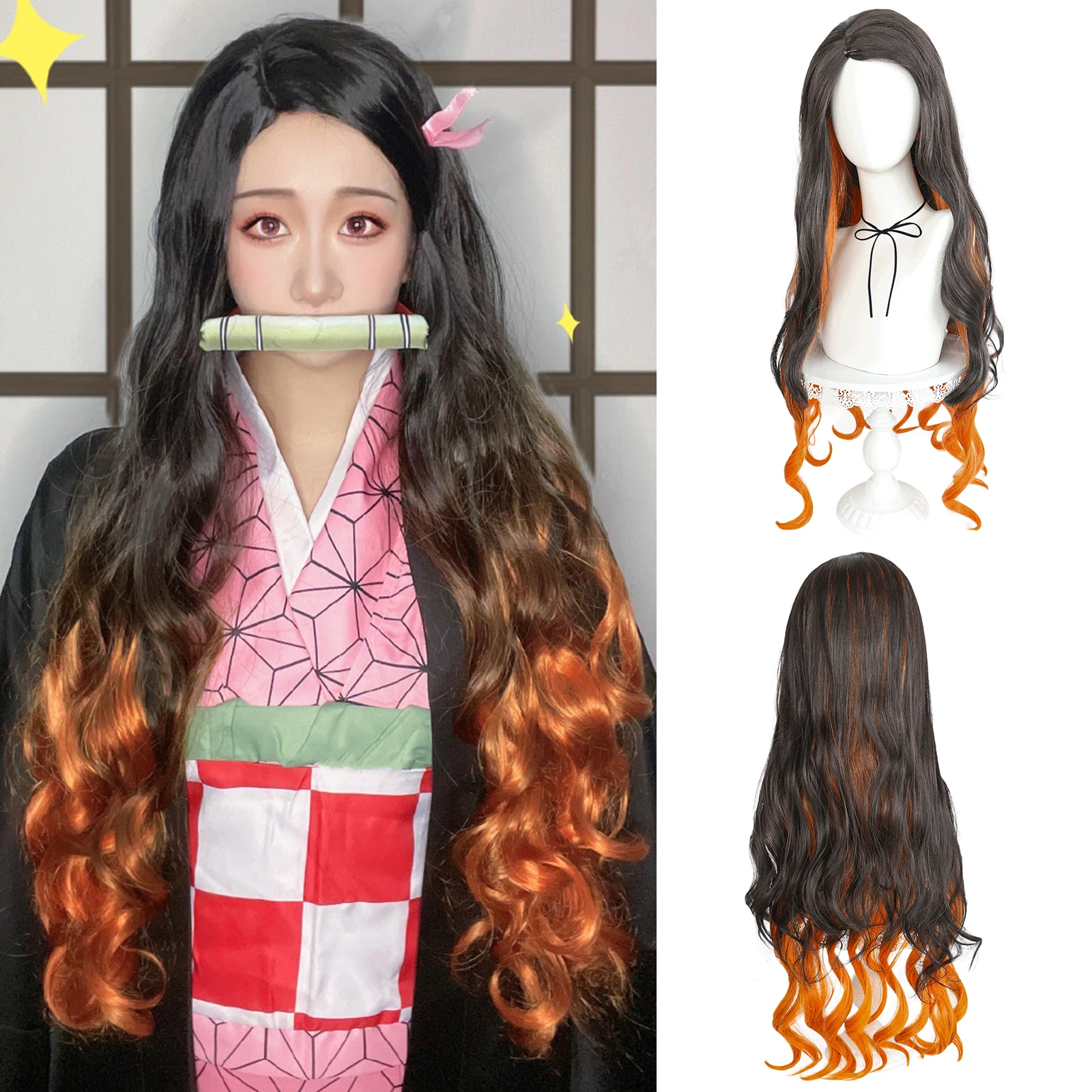

Synthetic Cosplay Wig Super Long Wavy 2 Tone Black-brown Orange Cosplay Wig for Girls Women Wigs for Halloween