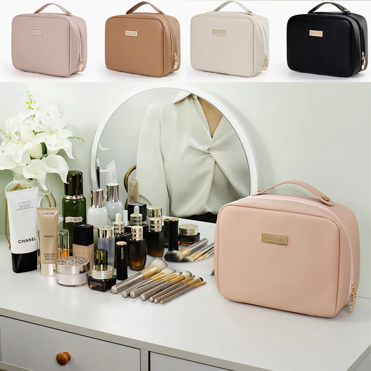 1pcs Square Women PU Flame Double Zipper Makeup Bag Beauty Cosmetics Storage Travel Toiletries Sorting Bag for Business Trip