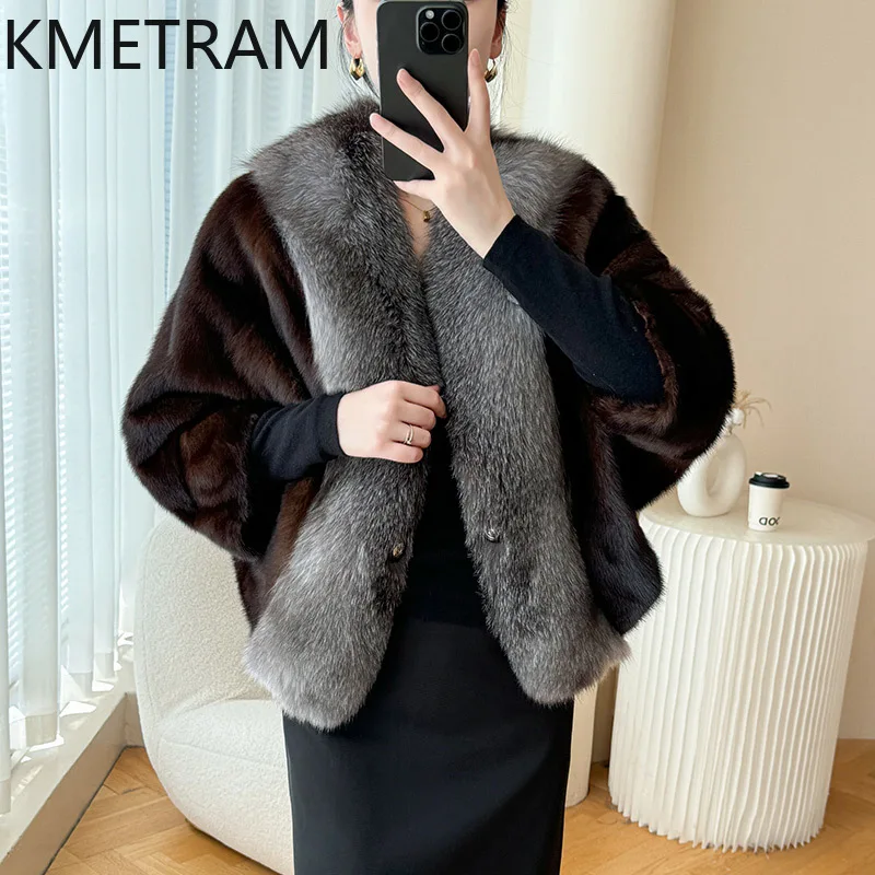 Damska kurtka z futra norki 100%, luksusowa, z rękawami typu \"batwing\", prawdziwe futro, zimowe ubrania dla kobiet, kołnierz z futra lisa, 2025 шуба женская