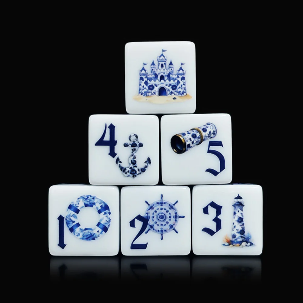 12Pcs Blue Nautical 16MM Printed D6 Acrylic Dice,White Six Sided Dice With Lighthouse Anchor Castle Pattern, Tabletop Board Game