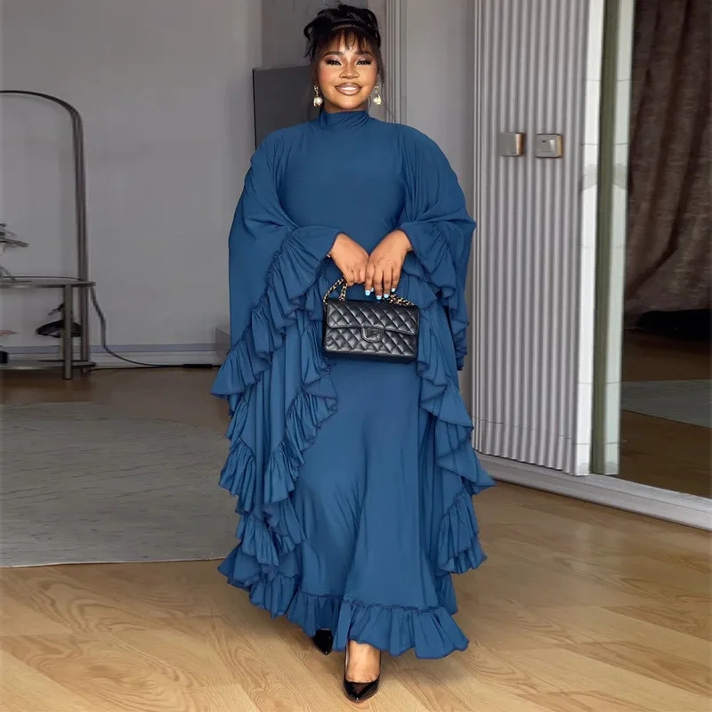 Elegant Vintage Women Dress Autumn Winter Batwing Sleeve Ruffles Patchwork Long Loose Dress