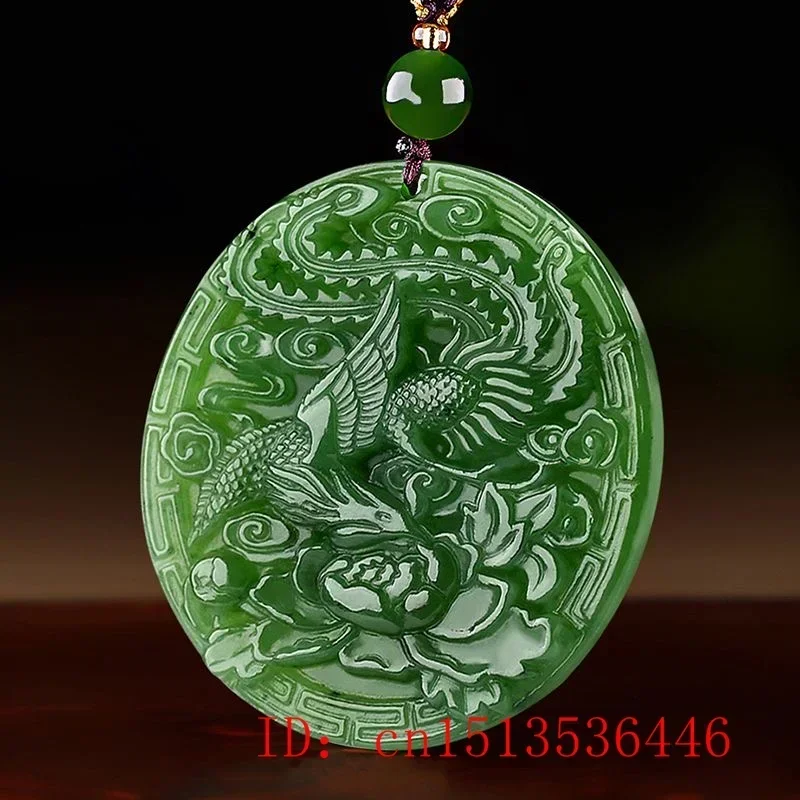 Natural Green Hetian Jade Stone Dragon Phoenix Pendant Necklace Carved Chinese Jadeite Jewelry Charm Reiki Amulet Gift Women Men