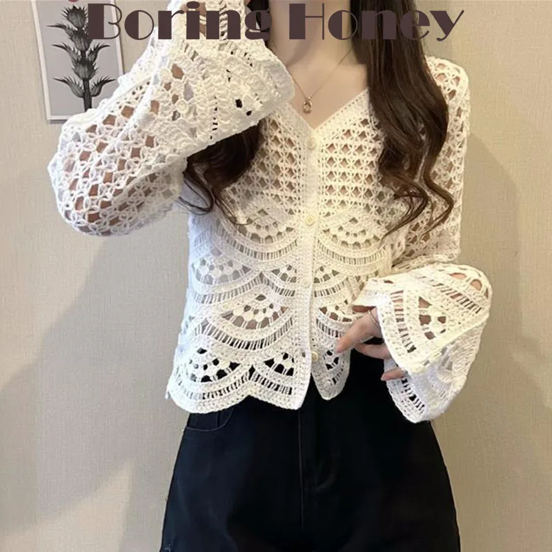 

Boring Honey Summer Fashion Crocheted Openwork Sweater Holiday Seaside Sunscreen Blouse Female Unique Chic Hot Girl Sexy Tops