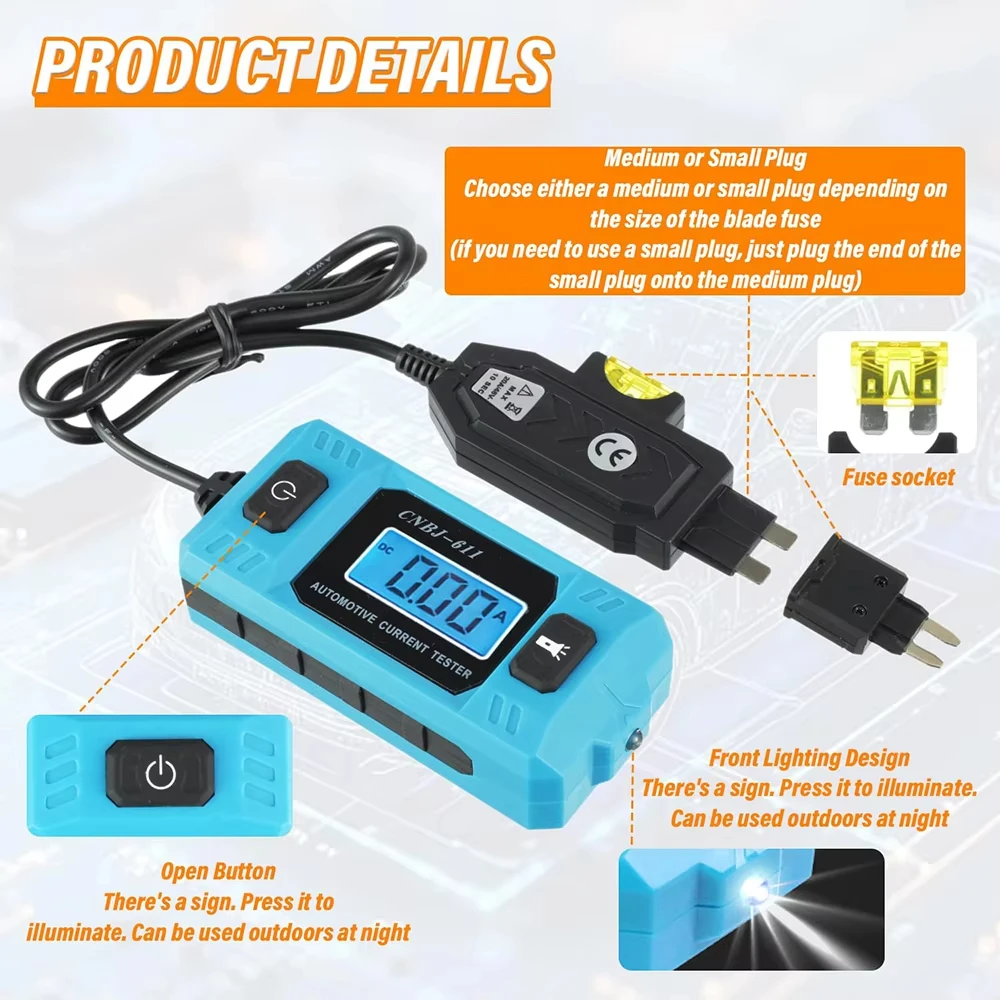 12V Auto Fuse Current Testing Tool 0.01~19.99A Car Circuit Leakage Analyzer Backlight Fault Diagnostic Detector