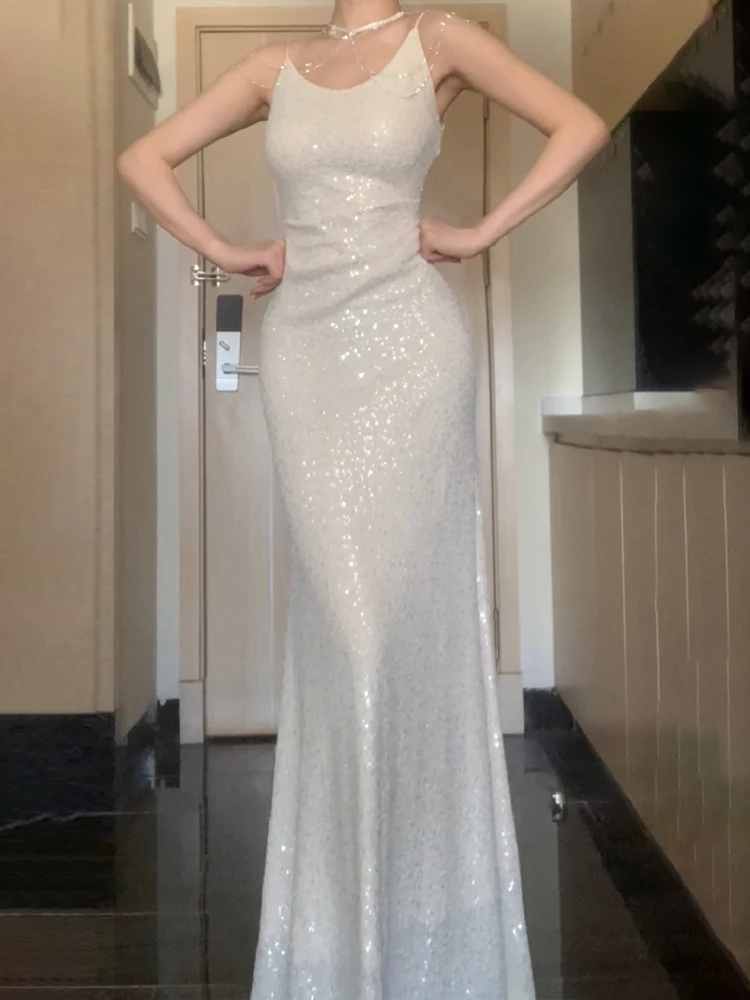 

Ele Sexy Adult Ceremony Evening Gown with Belt Slimming Sequins Strapl Long Dr for Par Wedding KTV High Waist