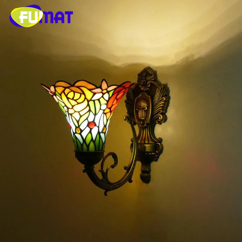 

FUMAT Tiffany style stained glass retro wall lamp for bedroom bed living room dining room study aisle wall light LED decor