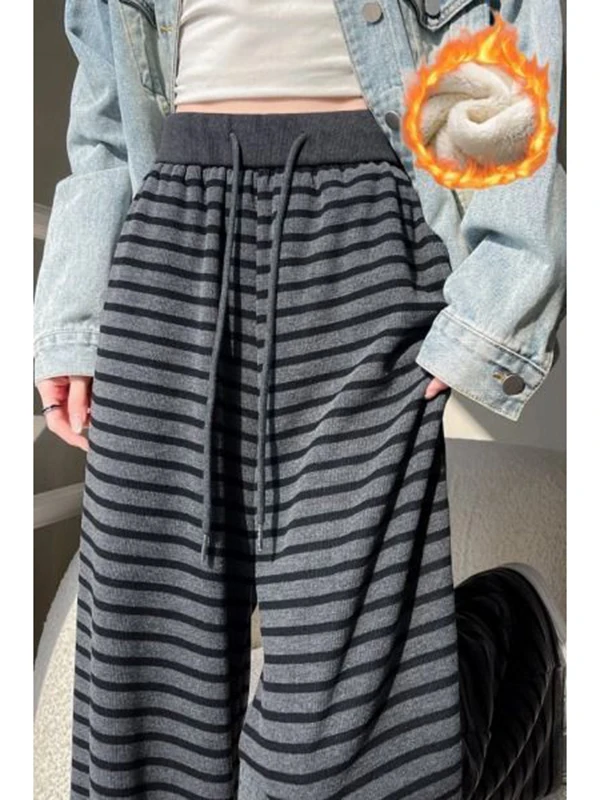 

plus Size Fce Lined Thiened Wide Leg Pants Striped Casual Trousers for Women Autumn Winter Comfortable Loose Drapey Pants