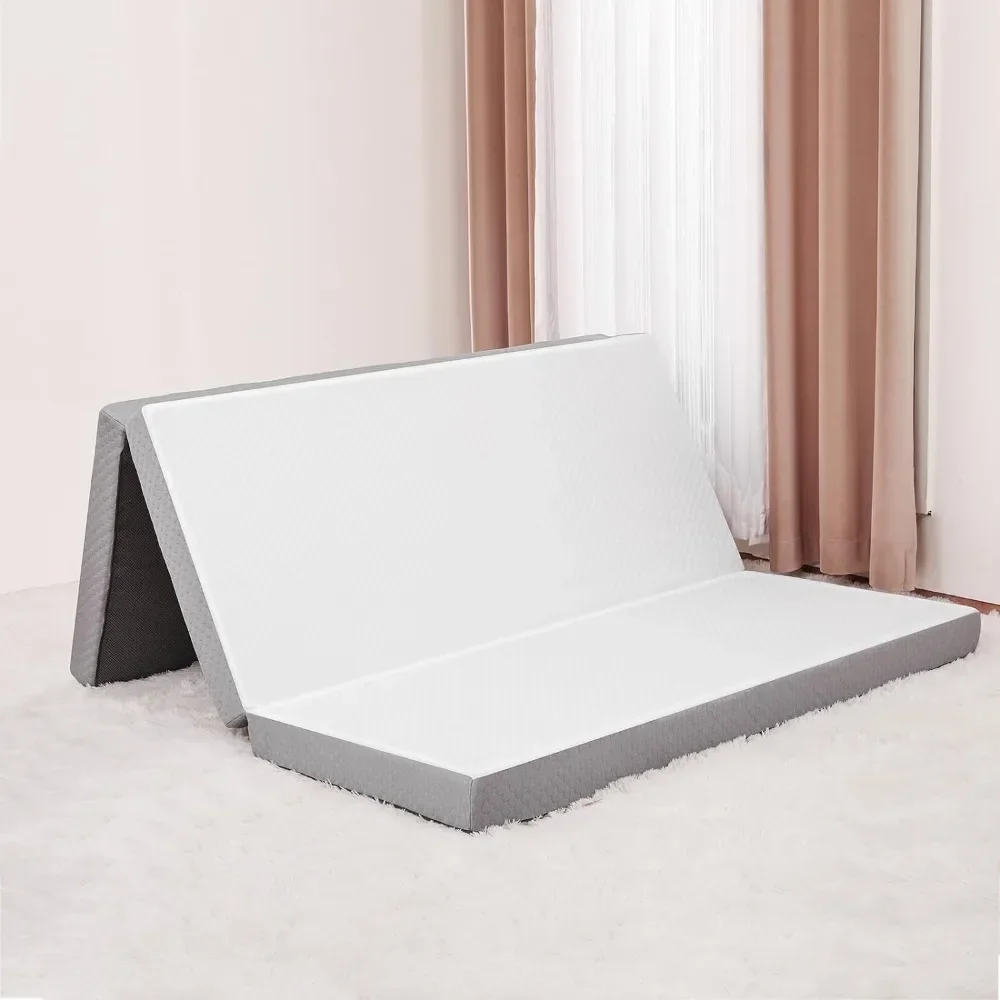 Memory Foam Folding Mattress Queen, 4 Inch Tri-fold Mattress, Foldable Mattress Topper with Washable Cover, Portable Mattress