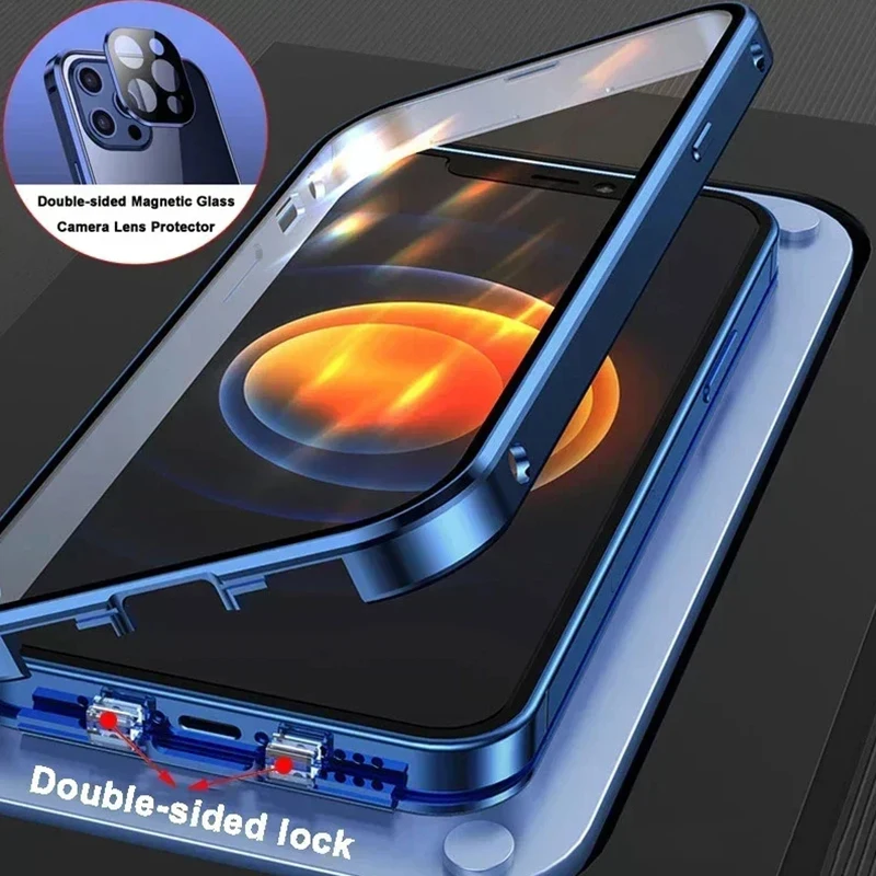 حافظة مغناطيسية زجاجية مزدوجة الجوانب مع واقي كاميرا لهاتف آيفون 17 16 15 14 13 12 Pro Max Air Mini Plus 360 °   الحماية