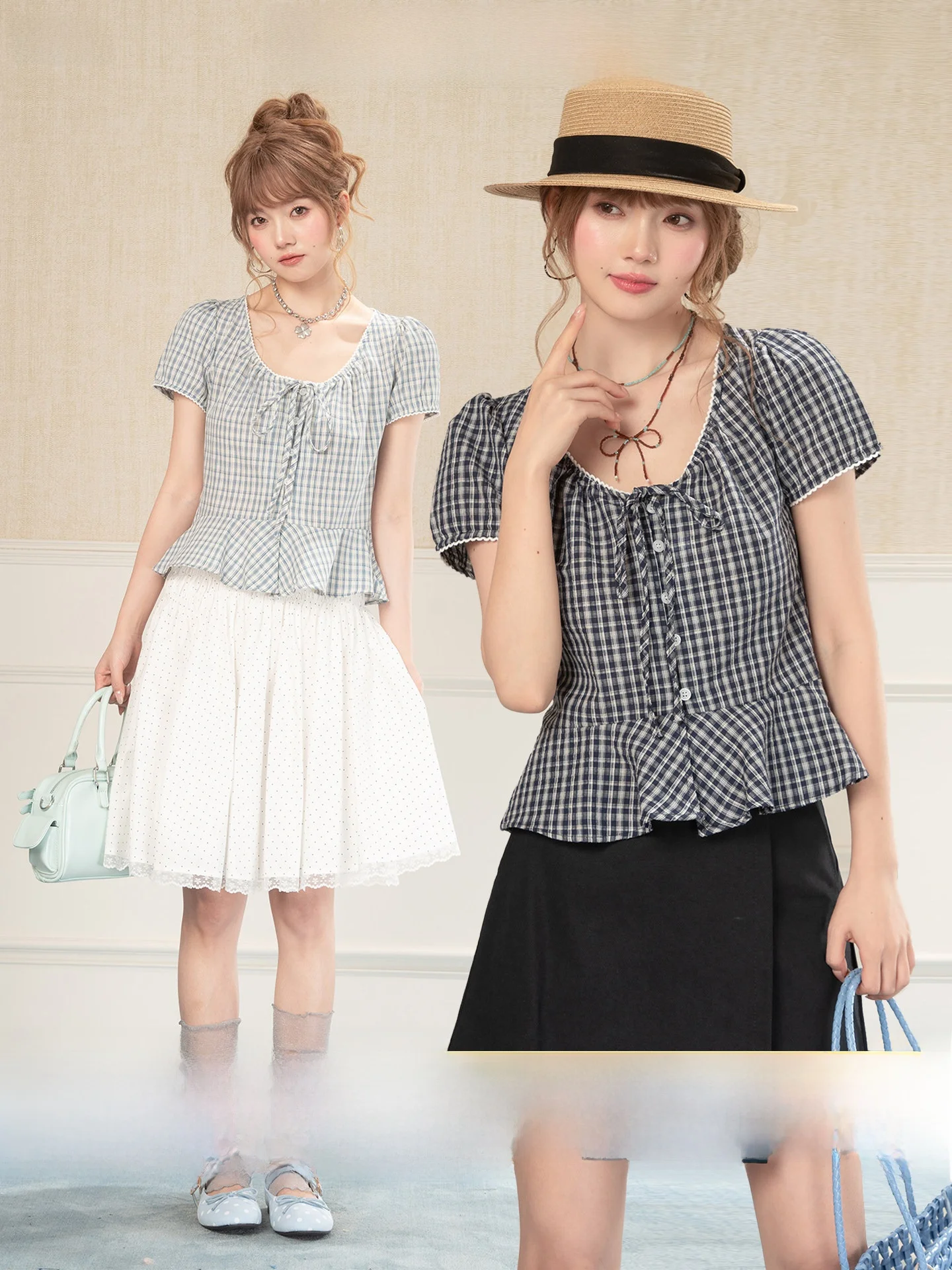 

Heynew Deep Blue Plaid Drawstring round Neck Short Sleeve Shirt Women Summer Retro Unique Beautiful Small Top Casual Style Lo...