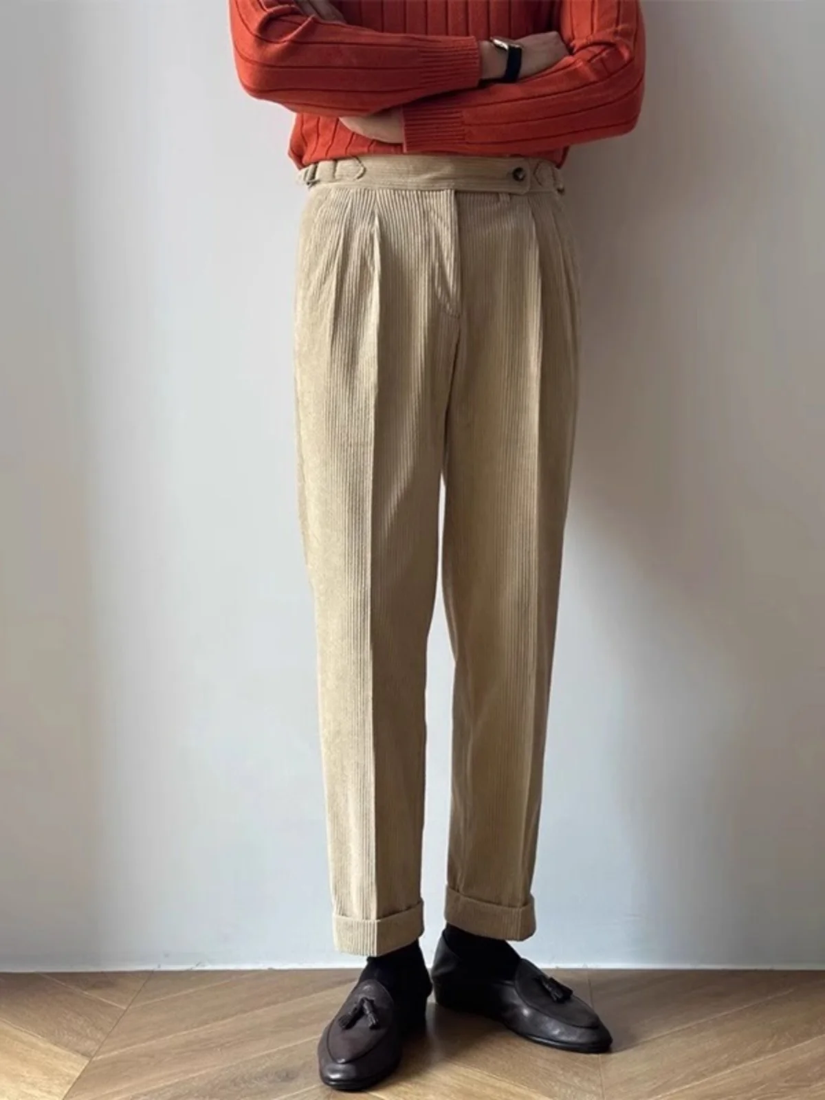 

Autumn Winter Italian Vintage Naples Paris Button Corduroy Cuffed Busin Casual Trendy Long Pants Straight Leg Pants