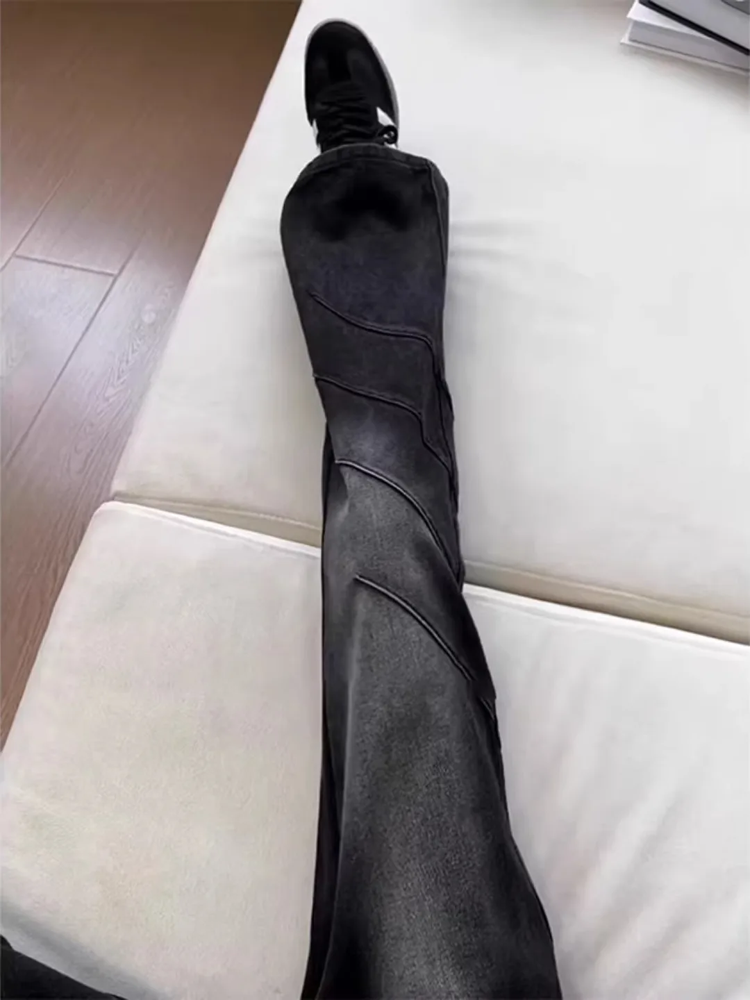 

Мужские джинсы Waed American High Street: весенняя коллекция, дизайнерские брюки с косым кроем, слегка расклешенные, с эффектом помятости, в стиле рабочей одежды