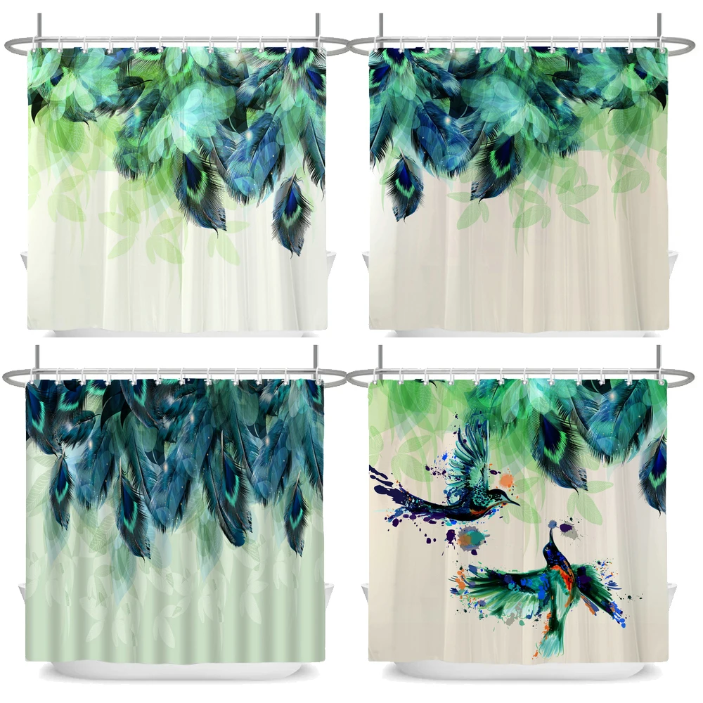 

Feather Shower Curtains Printed Fabric Watercolor Flowers Bathroom Waterproof Polyester Bath Curtain Home Decoration with Hooks