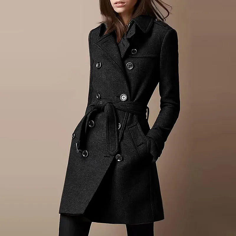 Autumn Winter Double-breasted Wool Coat Casual Solid Color Lapel Lace-up Blazer All-match Ladies Pocket Slim Cardigan Jacket New