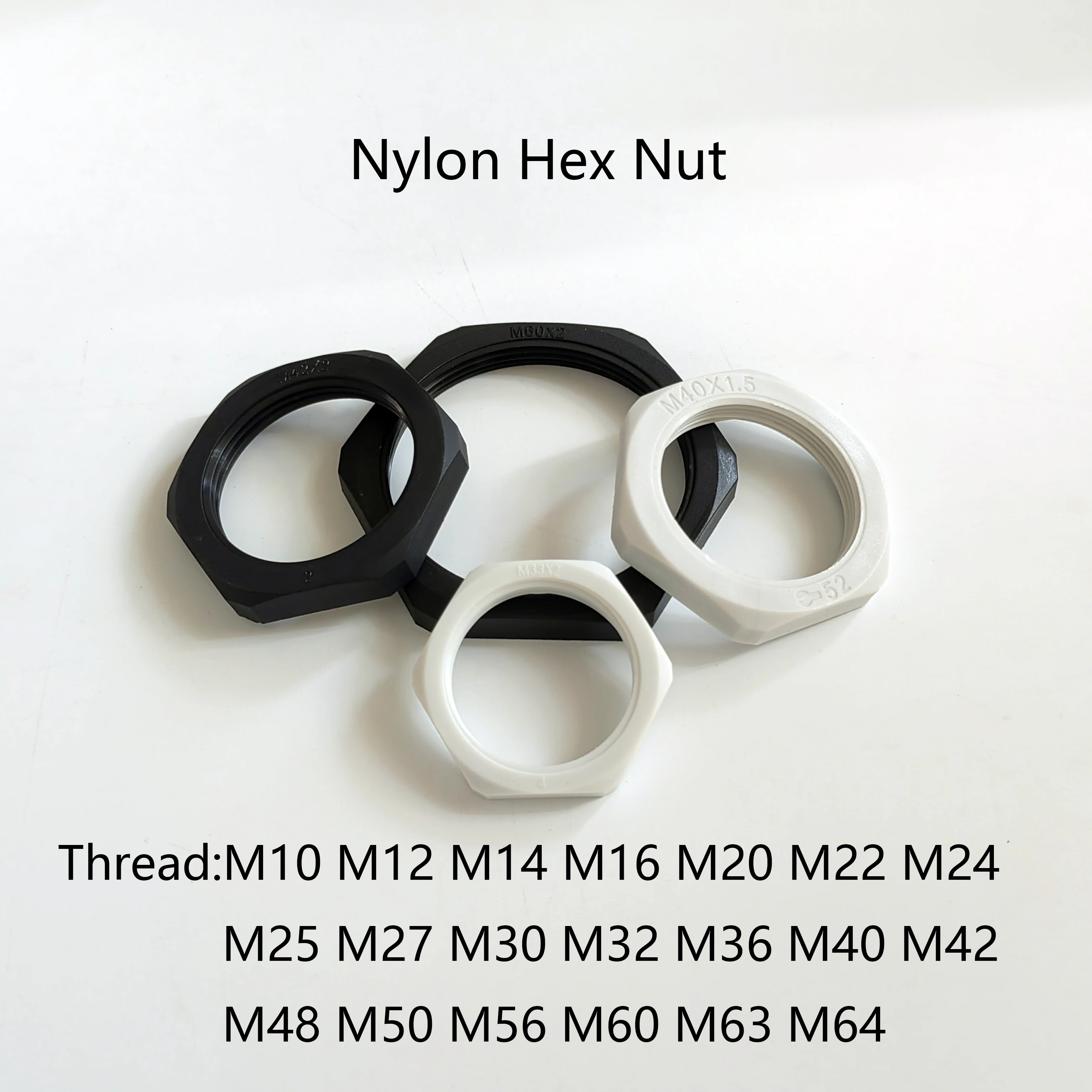

Nylon Hex Nut Metric Thread M10-M64 Pitch 1mm/1.5mm/2mm Black Or White