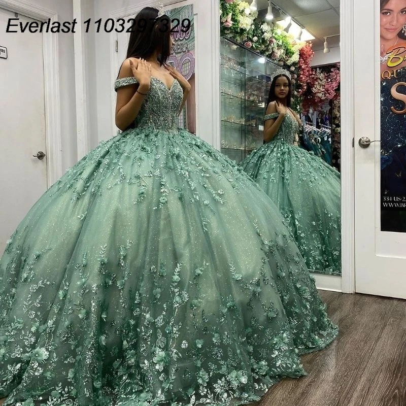 

EVLAST Shiny Sage Green Quinceanera Dress Ball Gown Sequins Lace Applique Beading Mexico Sweet 16 Vestidos De XV 15 Anos TQD738