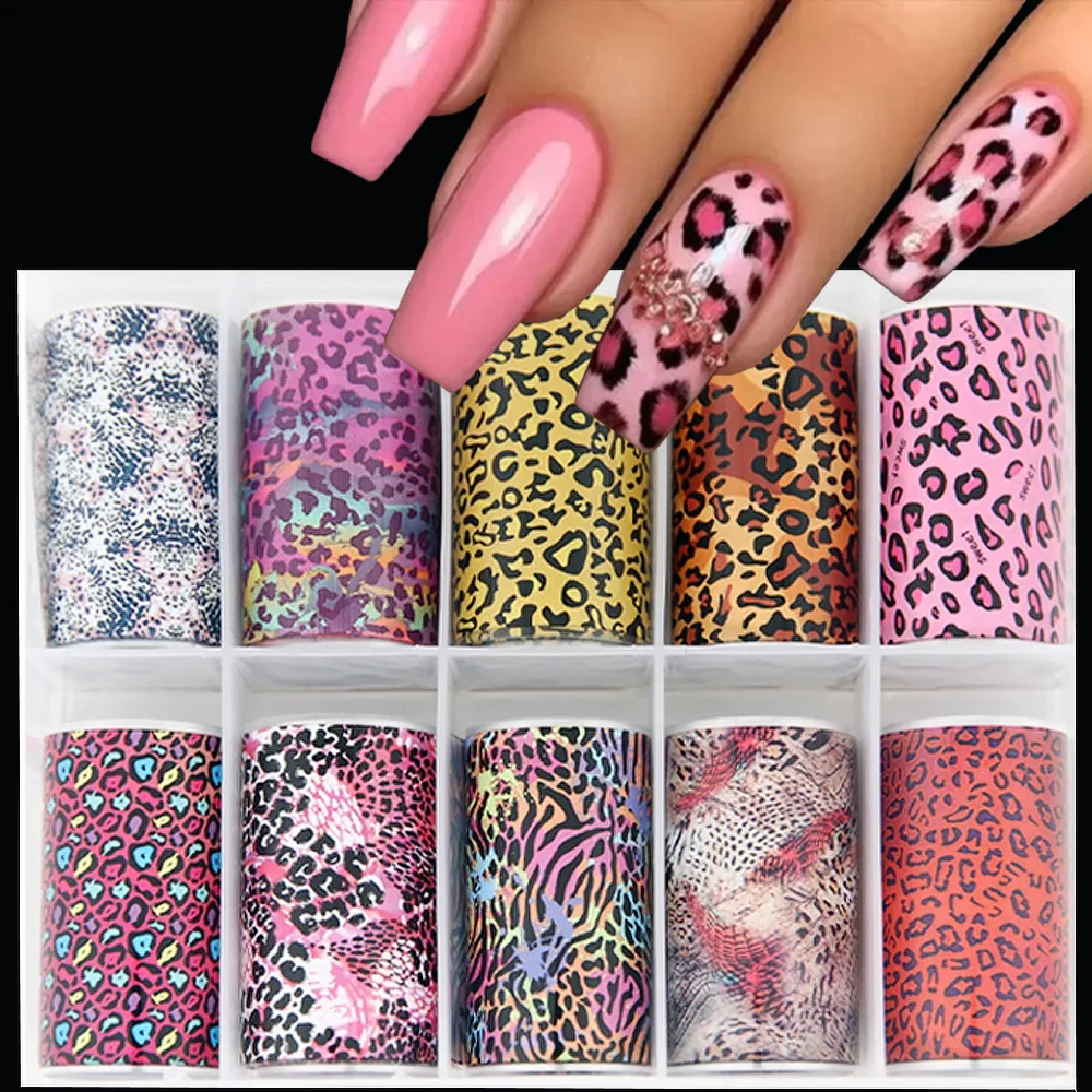 

10 рулонов диких животных, зебры, дизайн кожи, наклейки для дизайна ногтей, слайдер 4*50 см, розовый леопардовый принт, переводная фольга для ногтей, наклейка для маникюра