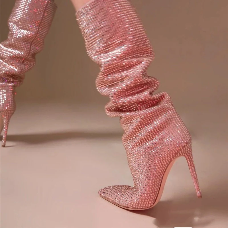

Sexy Rhinestone Knee High Boots Women Thin High Heels Women Pointed Toe Bling Crystal Boots Fashion Shoes Women Botas de mujer