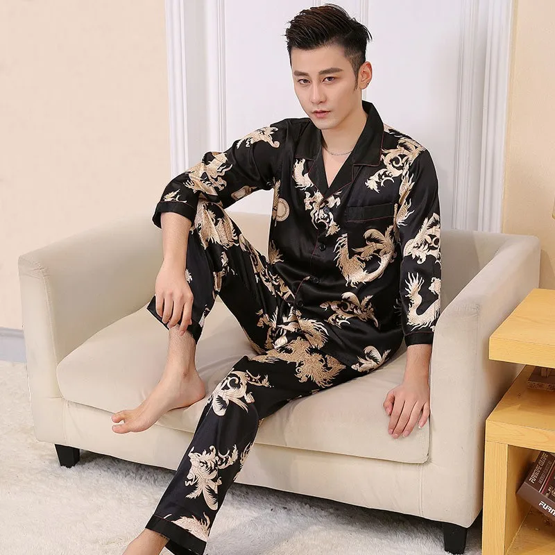 Dragon Print Chinese Men's Loose Sleepwear Faux Silk 2PCS Pajamas Suit Spring Autumn Casual Nightwear Full Sleeve Pant Home Wear