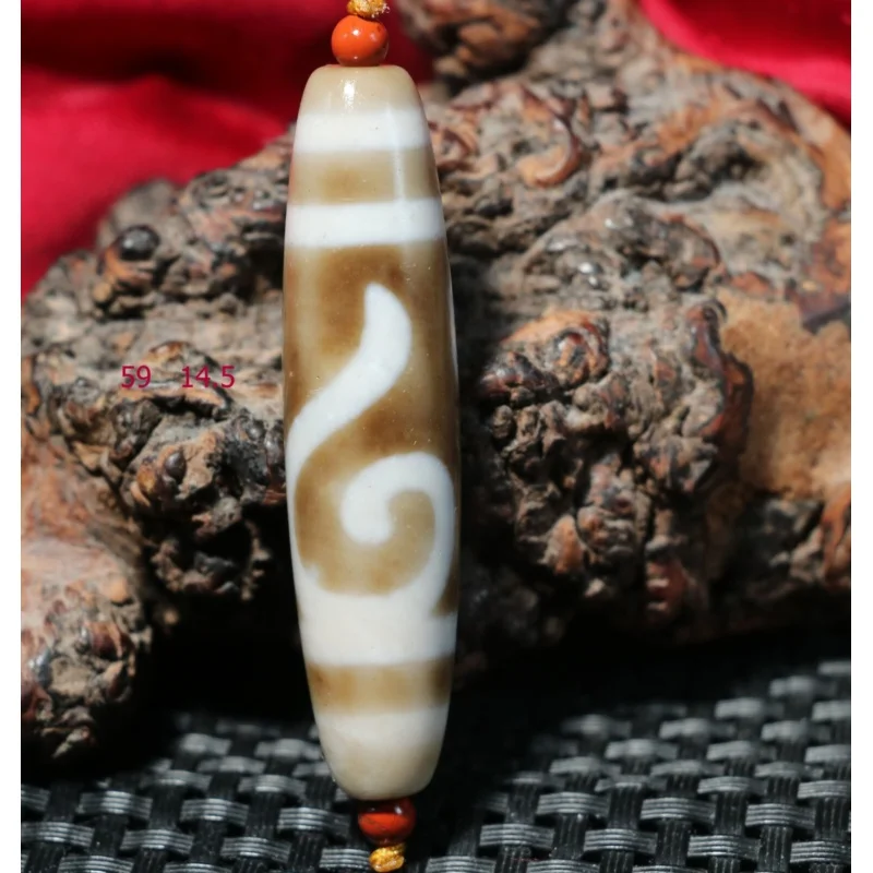 Tibetan Old Oily Agate Patina Cinnabar Ruyi Money Hook dZi Gzi Dzee Bead Amulet