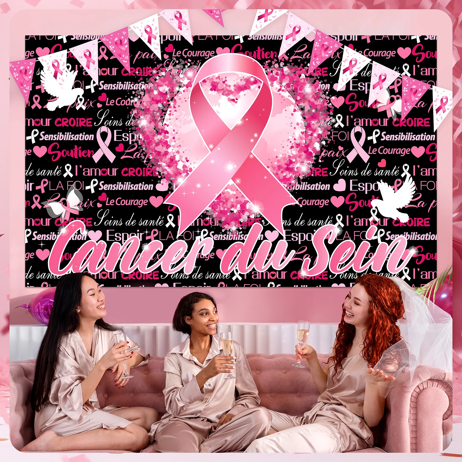 Spanduk Kesadaran Kanker Payudara, Pita Oktober Merah Muda, Latar Belakang, Harapan, Iman, Kekuatan, Keberanian, Bendera Segitiga, Dekorasi Untuk Kesehatan