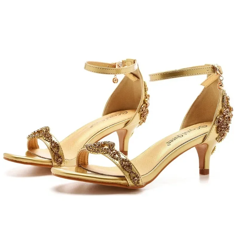 Pumps Women Heeled Sandals Summer Rhinestone Buckle Strap PU 5CM Thin Heels Dance Female Korean Style Women Shoes White