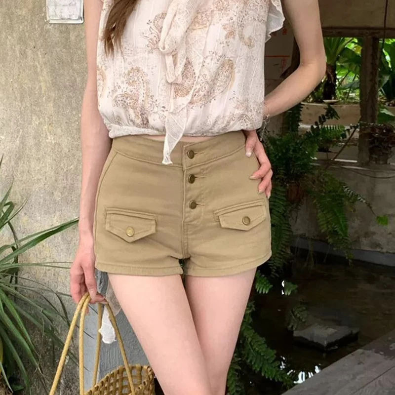

Khaki High-waisted A-word Denim Shorts for Women Summer New Spice Girl Hip-wrapped Y2k Shorts Hot Pants