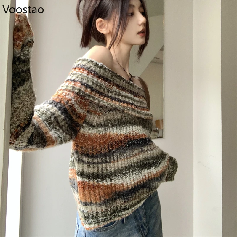 Y2k Aesthetic Off Shoulder Knitted Pullover Women Vintage Chic Striped Slash Neck Slim Sweater Sexy Elegant Lady Jumpers Tops