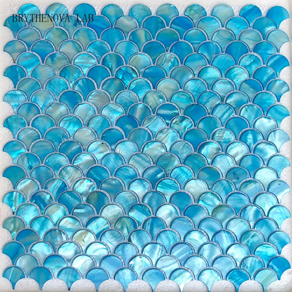 1Piece 30x30cm Blue Fish Scale Fan Dyed Shell Mosaic Bathroom Tile Porch Living Room Background Wall Decoration Wall Stickers