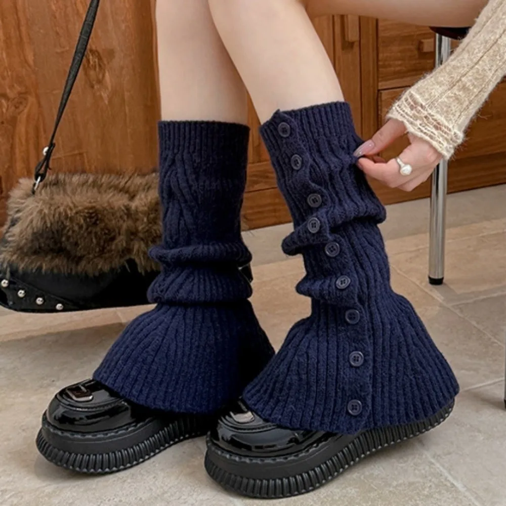 Cozy Crochet Knitted Boot Sock Sleeves Foot Cover Cable Knit Flared Leg Warmers Solid Color Soft Turned-up Button Socks Women