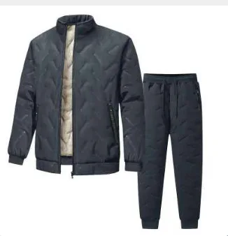 

European Size Men's Fleece-lined Winter Two-piece Set with Zippered Pockets, Thickened Snow Pants Set