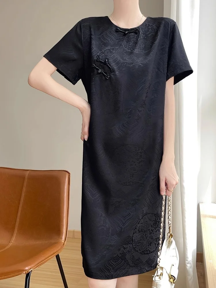 Nouveau chinois Sle rond Ne ort Sve Dr femmes coupe ample Vintage bouton acétate Satin jupe mince trajet imprimé Summe...