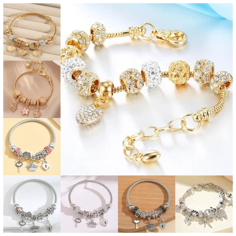 Pulsera con Dije de Corazón Chapado en Oro, Pulsera de Cuentas de Cristal, Joyería Impresionante, Regalos para Mujer