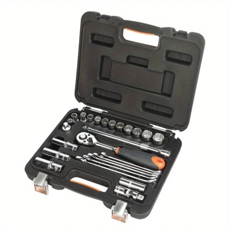 25-Pc 1/2" Drive Socket Set with Combination Wrenches | Chrome Vanadium Steel | Metric 12-Point Sockets.