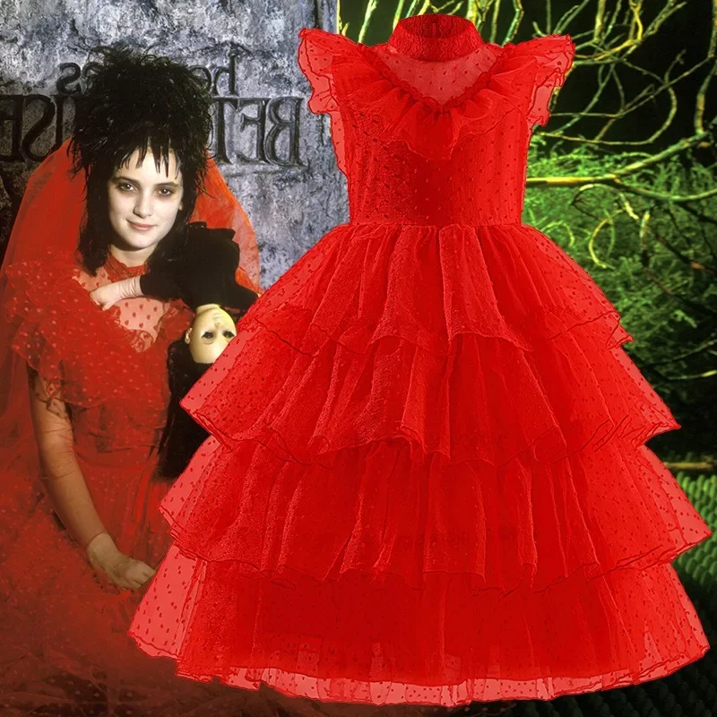 Beetle Juice Kids Red Wedding Dress Girls Halloween Lydia Deetz Costuems Toddler Character Bride Cosplay Outfit with Veil Gloves