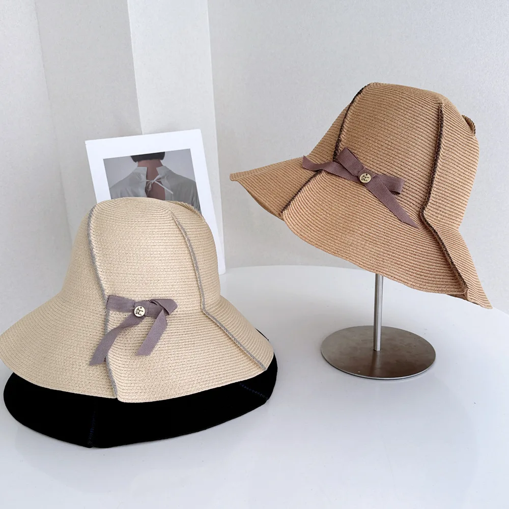 

Женская летняя новая элегантная солнцезащитная шляпа с бантом, складная, из соломки, с широкими полями, для пляжа