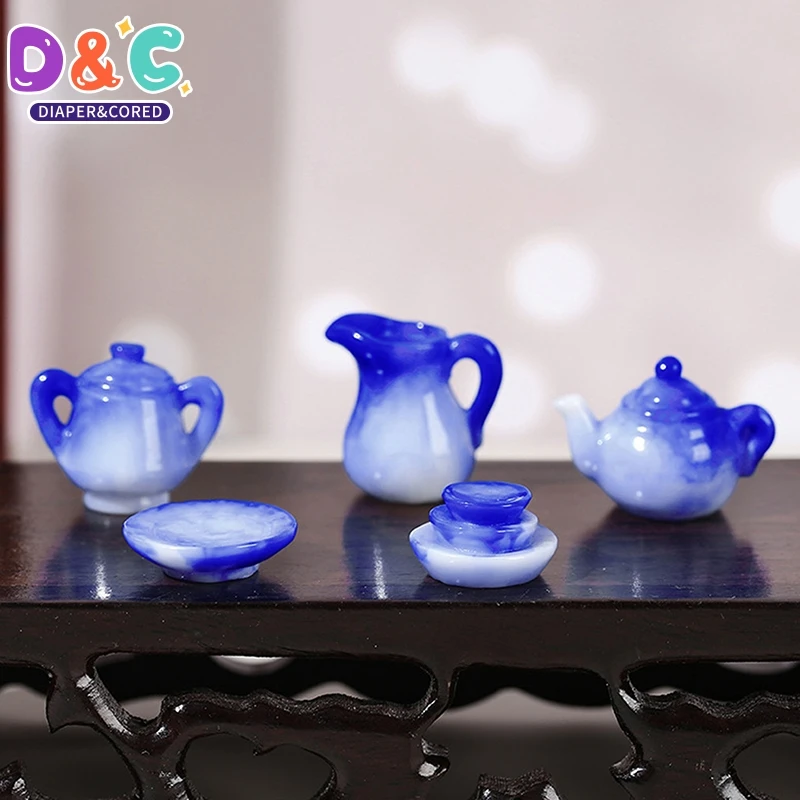 10Pcs 1/12 Scale Dollhouse Miniature Imitation Blue And White Porcelain Teapot Water Cups Kit Dolls Room Furniture Decoration