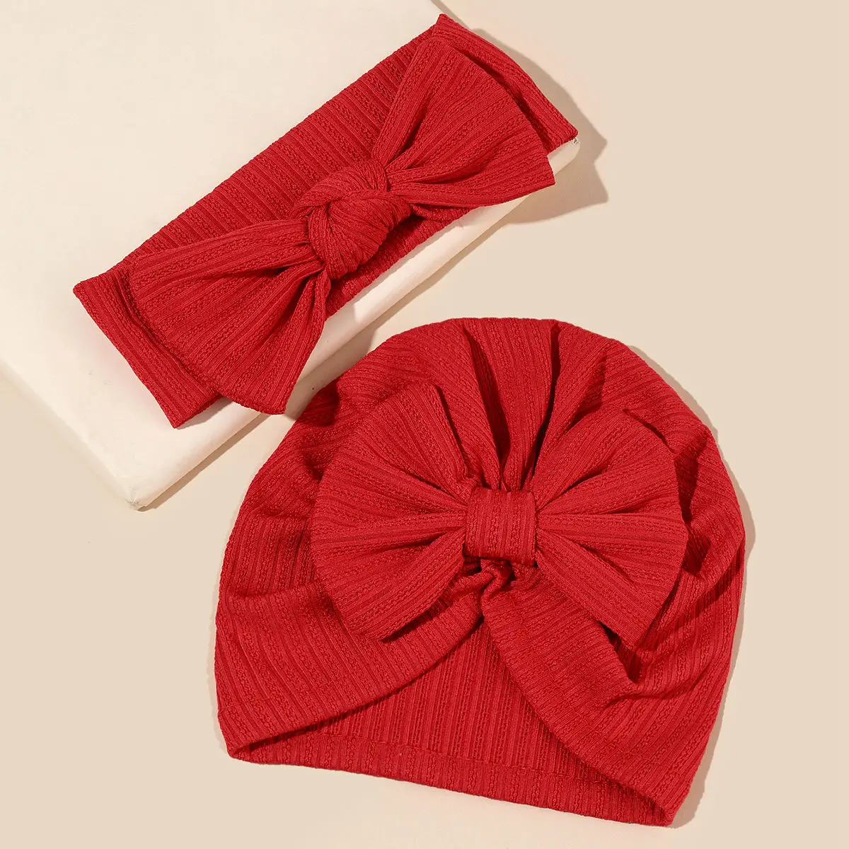 2Pcs/Set Baby Fabric Bow Headband and Hat Set Solid Color Baby Girl Turban Newborn Hair Accessories