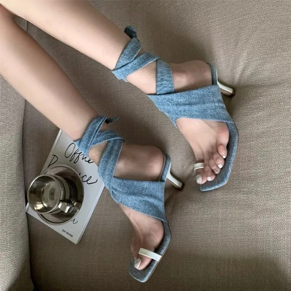 Clip-on Stiletto Sandals Women\'s Summer Hollow Denim Shoes 2024 Word Cross Strap High-heeled Shoes Roman Shoes Women