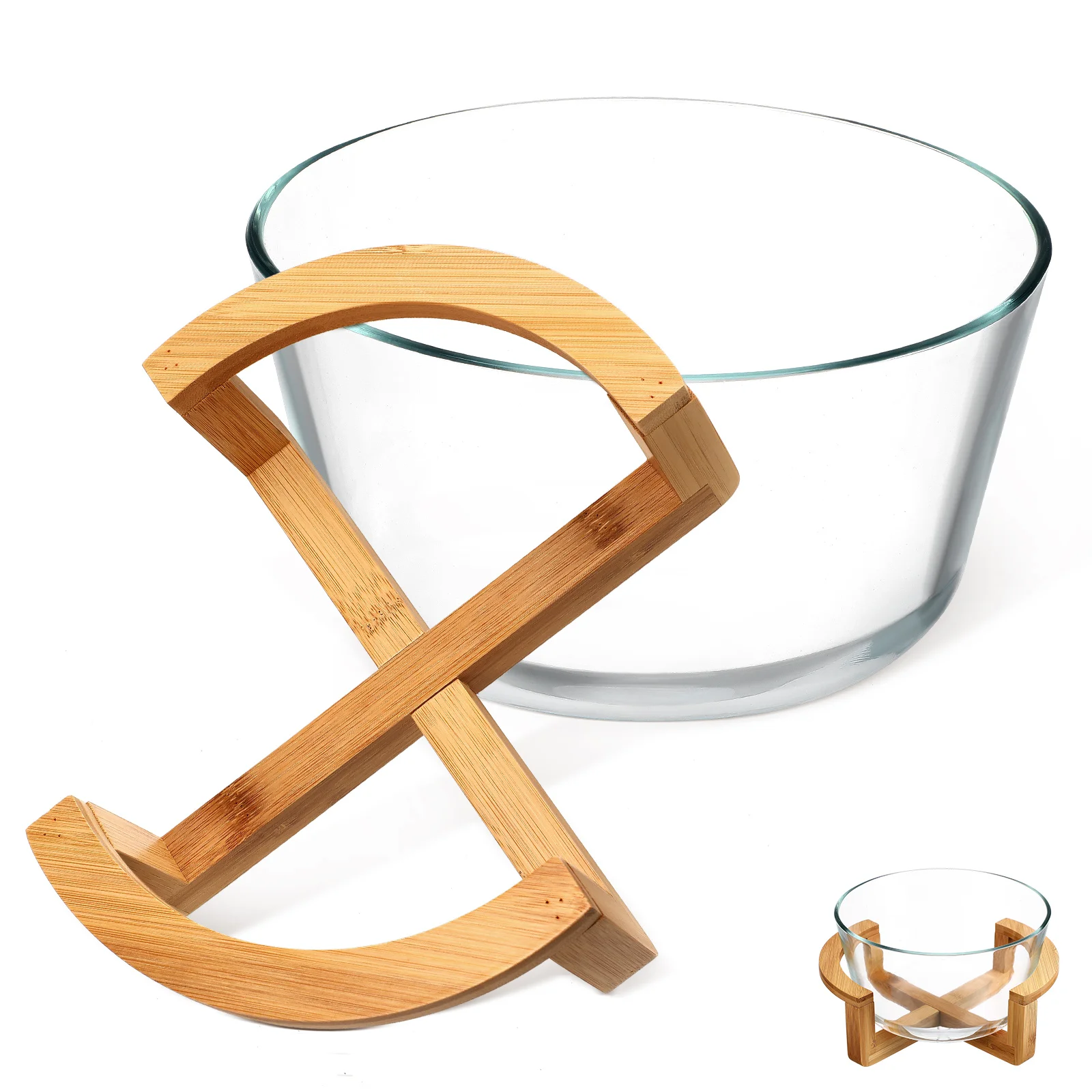 

Heat Resistant Glass Bowl with Wooden Base Salad Dessert Serving Bowl Microwave Safe Food Storage Round Easy Clean Home Gift