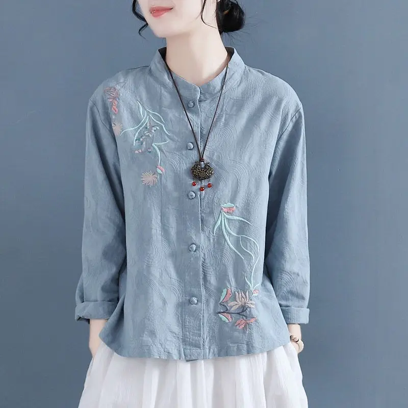 Spring Summer Embroidered O Neck Cotton Long Sleeve Blouses New Vintage Solid Color Loose Shirt Women Button All-match Cardigan