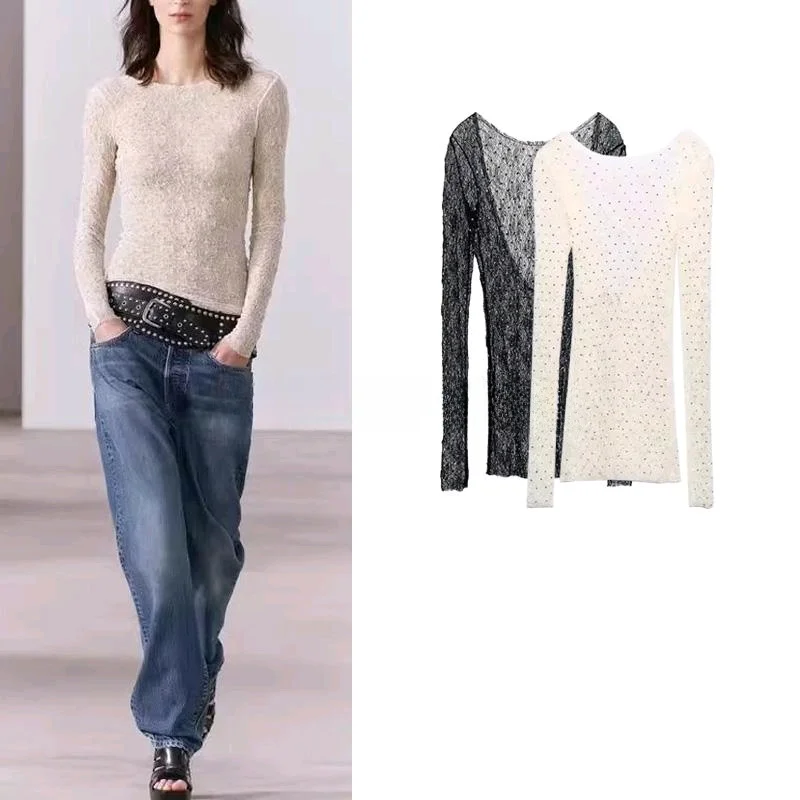 

Новая весенняя женская блузка с длинным рукавом, круглым вырезом, украшенная стразами, с кружевными вставками, сексуальный облегающий топ для повседневной носки, из полиэстера.