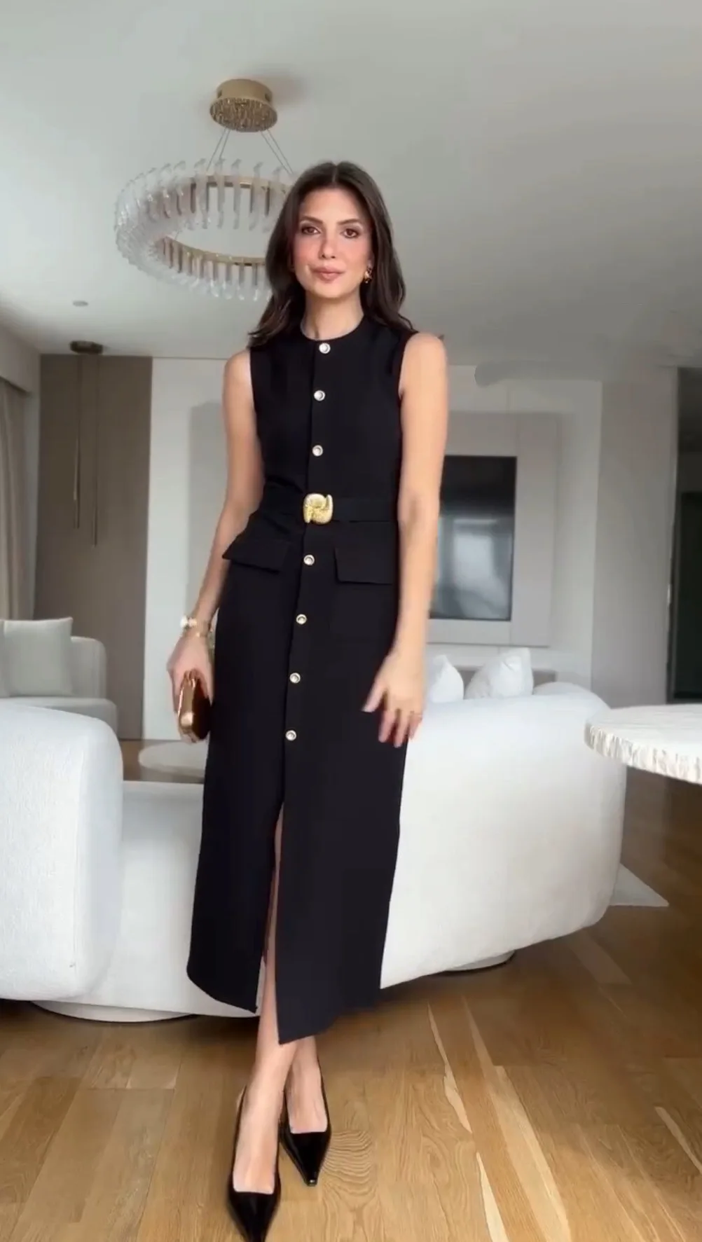 

Temperament Elegant Slim Long Dresses Women Single-breasted Belt Bodycon Sleeveless Dress Office Lady Commuting Clothing Vestido