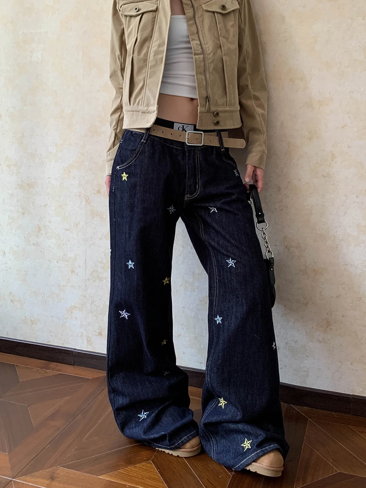 

Ретро-джинсы в американском стиле с вышивкой, унисекс, свободного кроя, универсальные, повседневные, широкие брюки для пар, молодежный тренд