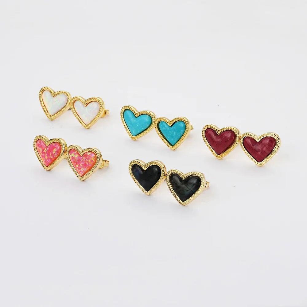 Fashion 5/10pair Heart Shape Stud Earring Gold Plated Multi-kind Gemstone Stud Charm For Women Stud Earrings